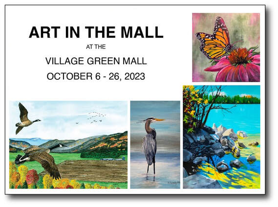 Collection of paintings that are on display in Village Green Mall including a landscape, a painting of birds, butterfly and heron.