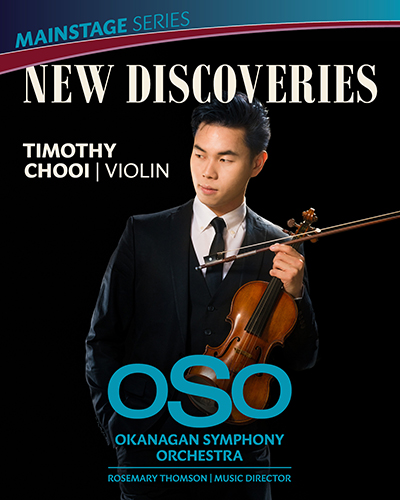 A man wearing a suit holds a violin. The title of the perfomance, New Discoveries, is at the top of the page.