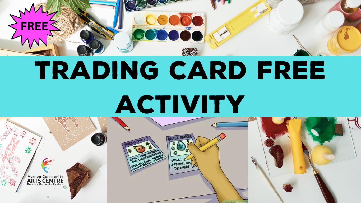Text reads "Trading Card Free Activity" with a paint palette, a cartoon of someone drawing, and miscellaneous art supplies.