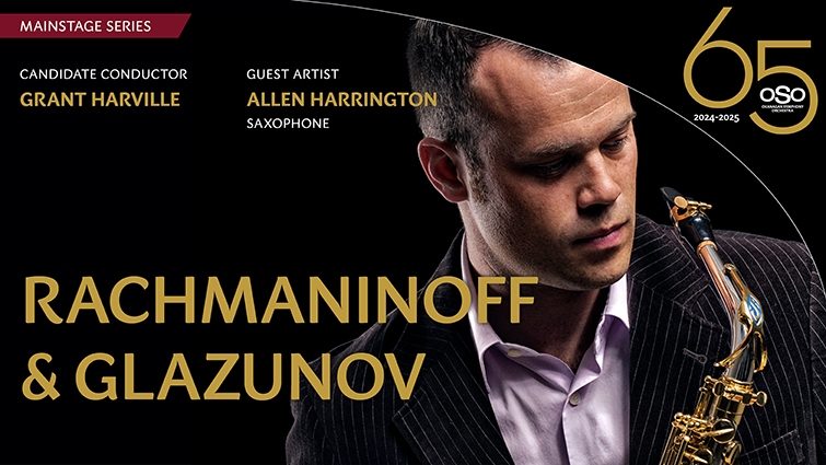 Saxaphonist Allen Harrington in a poster promoting concert Rachmaninoff and Glazunov with the Okanagan Symphony